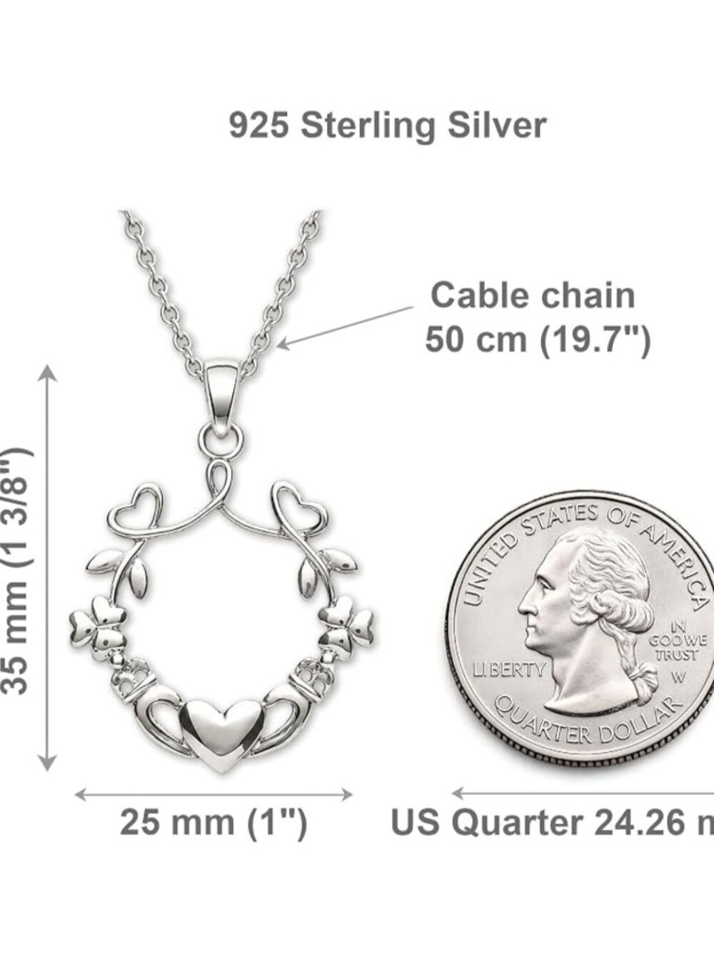 Irish Claddagh Necklace 925 Sterling Silver 20" Chain NWT - Picture 5 of 6